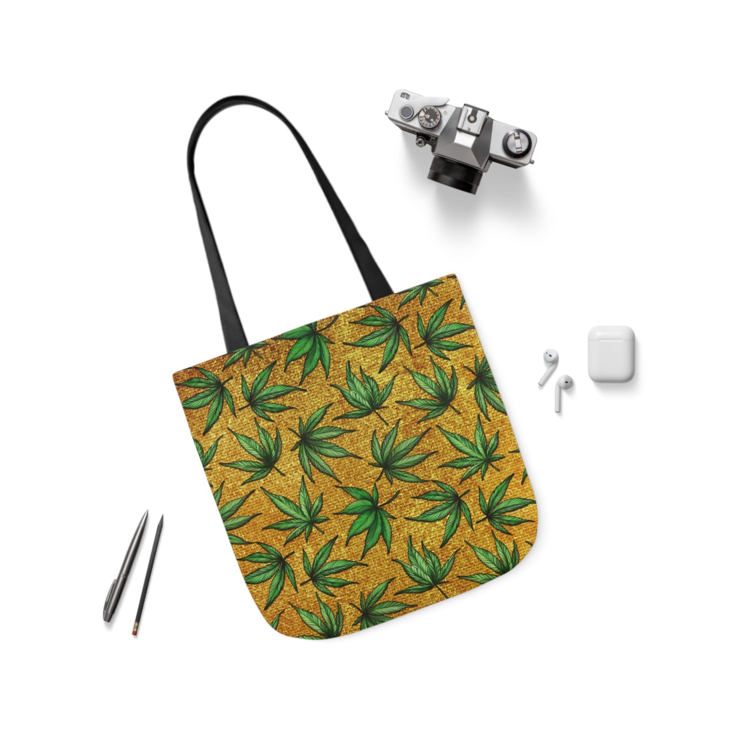 Gold And Green Marijuana Pot Weed Leaf With Gold Background 420 Polyester Canvas Tote Bag (AOP)