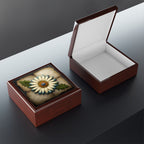 Beautiful White Flower Edged With Striking Blue flower And Bee Jewelry Box