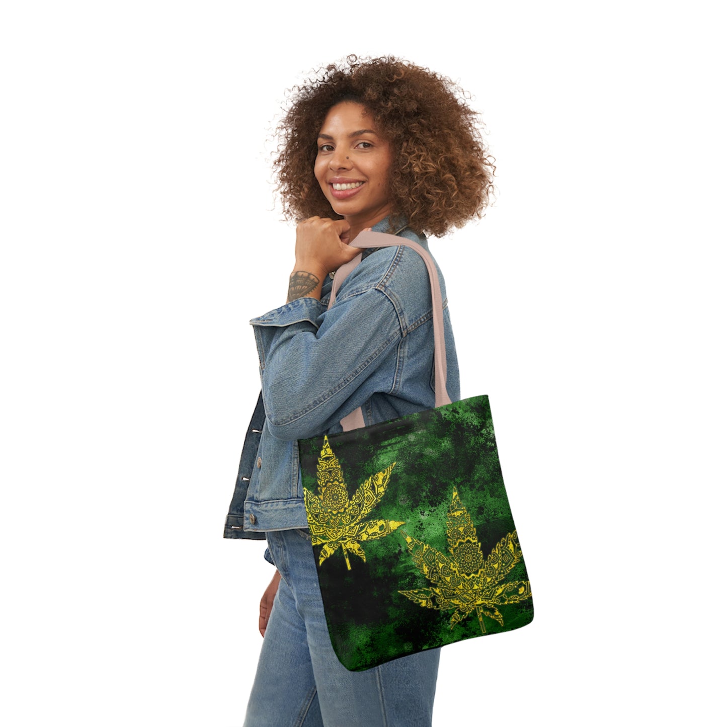 Gorgeous Designed Gold Leaf With multigreen Background Marijuana Pot Weed 420 Polyester Canvas Tote Bag (AOP)