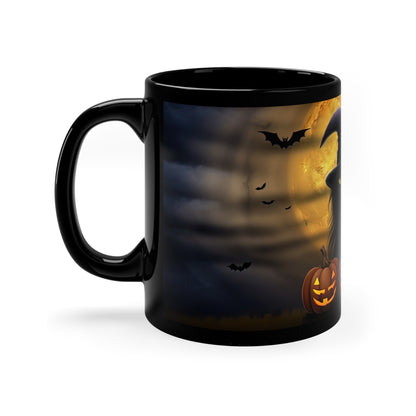 Gothic Witch Cat With Breathtaking Moon With Double Smile Carved Halloween Pumpkins 11oz Black Mug