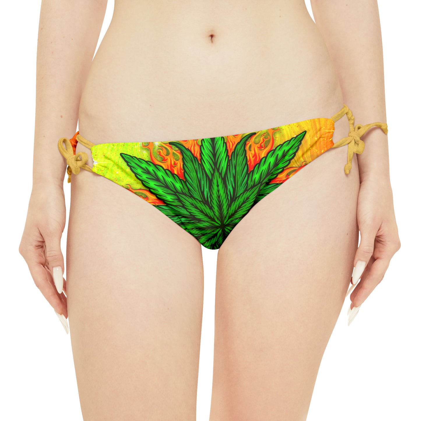 Beautifully Designed Orange, Yellow And Green Marijuana Leaf Strappy Bikini Set (AOP)