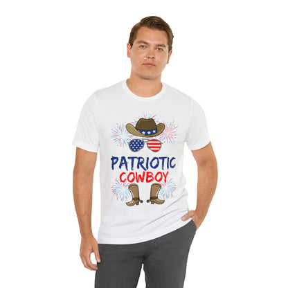 Patriotic Cowboy, American Flag 'Glasses, Cowboy Hat and Boots, Fourth of July 4th Unisex Jersey Short Sleeve Tee