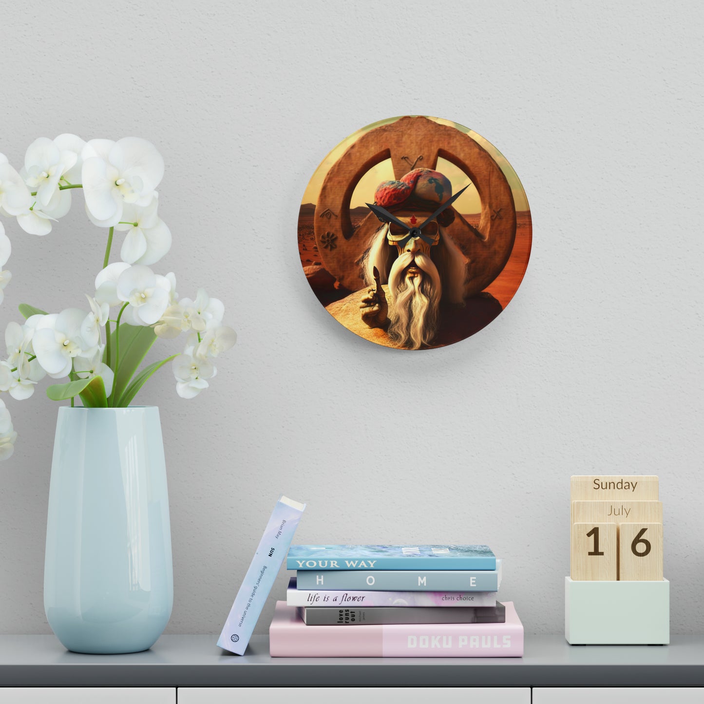 Wise Man In Dessert With Beard And Peace Sign Acrylic Wall Clock