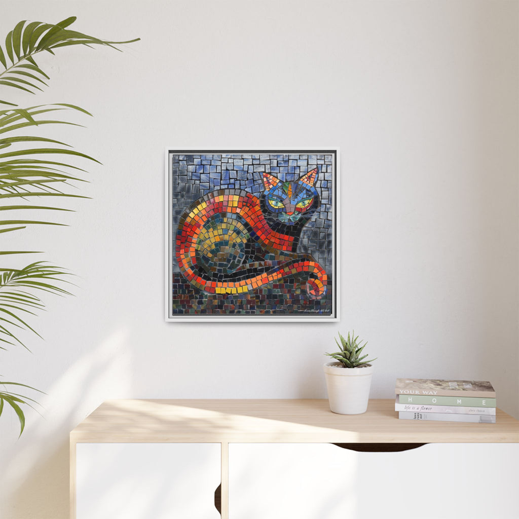 Mystic Shadows: The Enigmatic Cat, Framed Mosaic Cat Art Print — Colorful Modern Wall Canvas