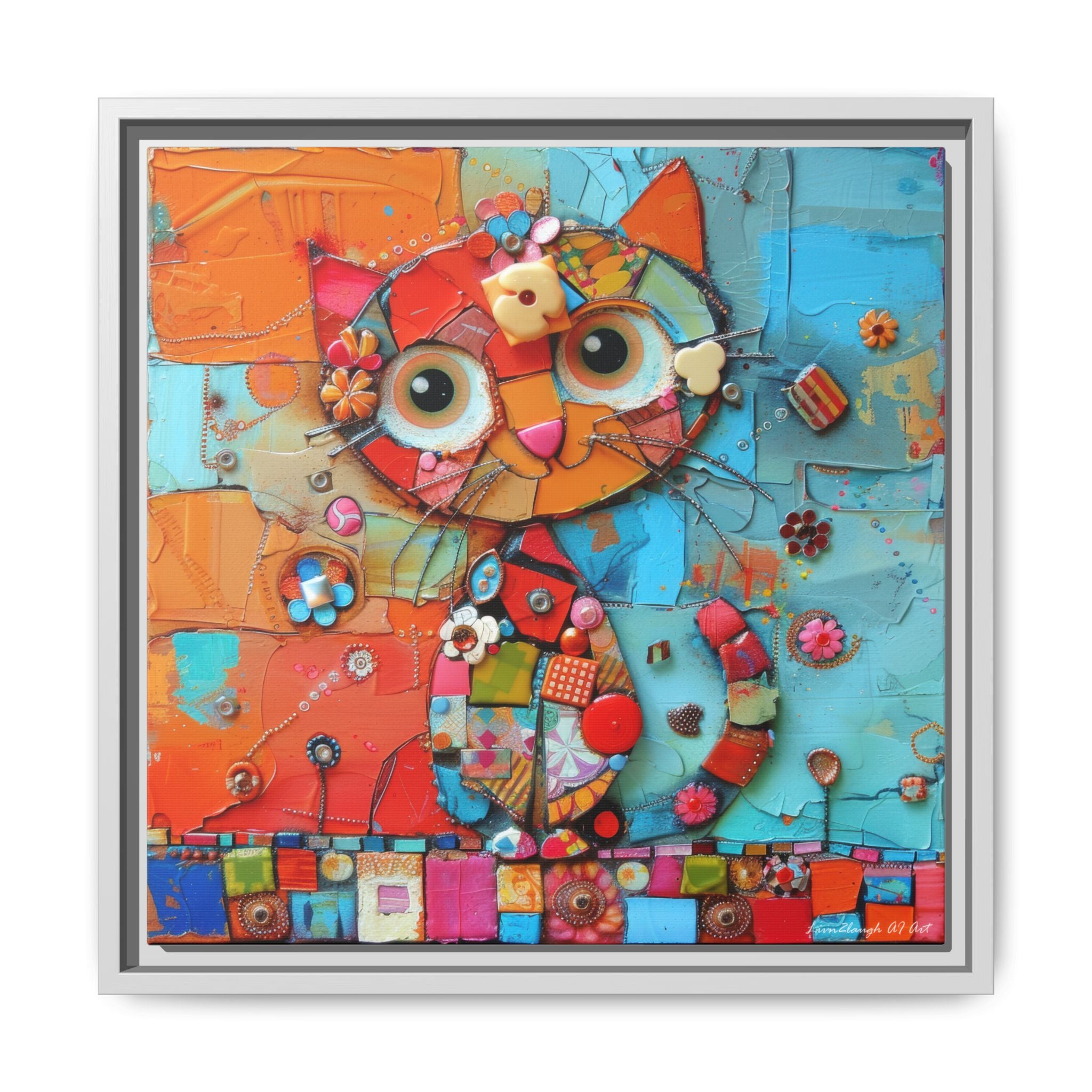 "Whimsical Mosaic Cat", Framed Mosaic Cat Art Print — Colorful Modern Wall Canvas