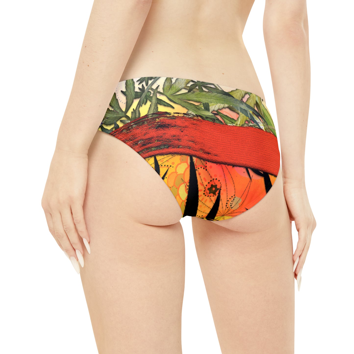 Beautiful Redish Orange Banded Marijuana 420 Pot Weed Leaf Strappy Bikini Set (AOP)