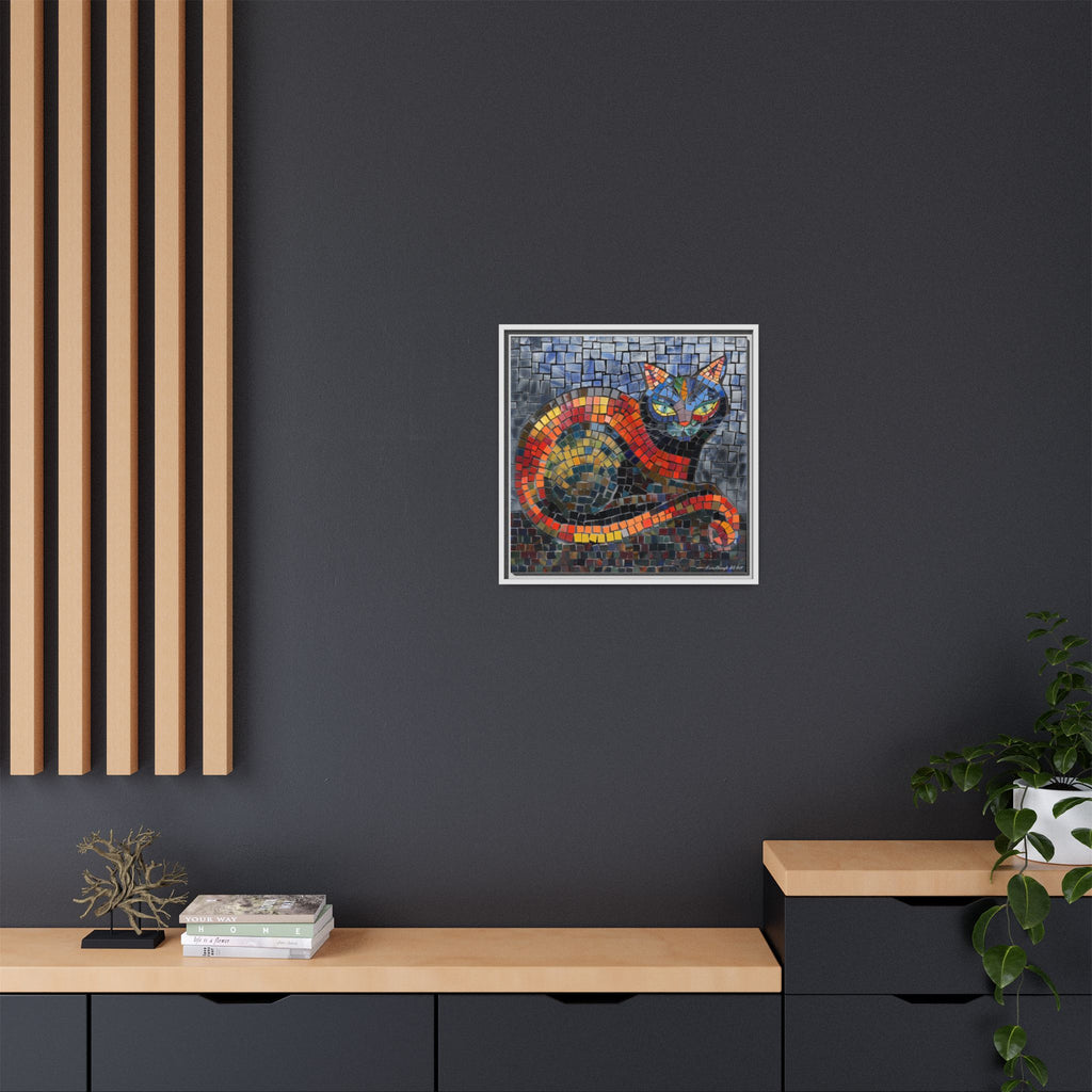 Mystic Shadows: The Enigmatic Cat, Framed Mosaic Cat Art Print — Colorful Modern Wall Canvas