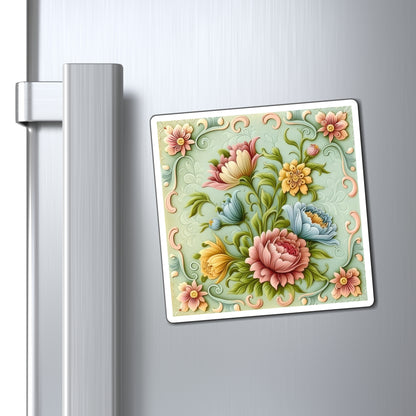 Antique Floral Pastel multi color flowers And Blue Background Classic Designed Style Two Magnets