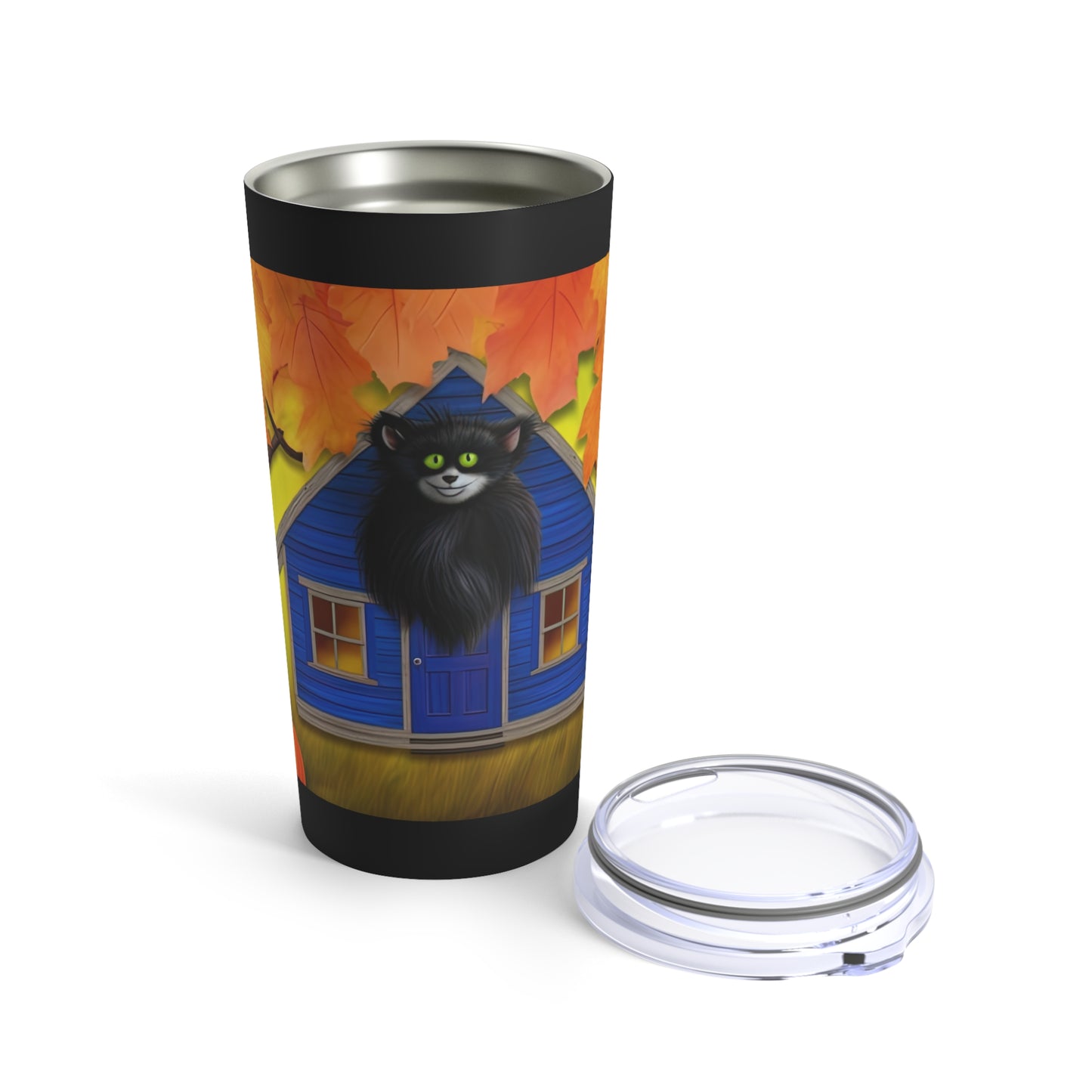 Big Eyed Animal With Black Fur For Fall Halloween, Halloween House With Leaves Tumbler 20oz