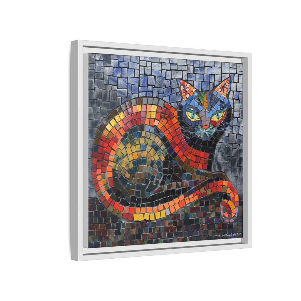 Mystic Shadows: The Enigmatic Cat, Framed Mosaic Cat Art Print — Colorful Modern Wall Canvas