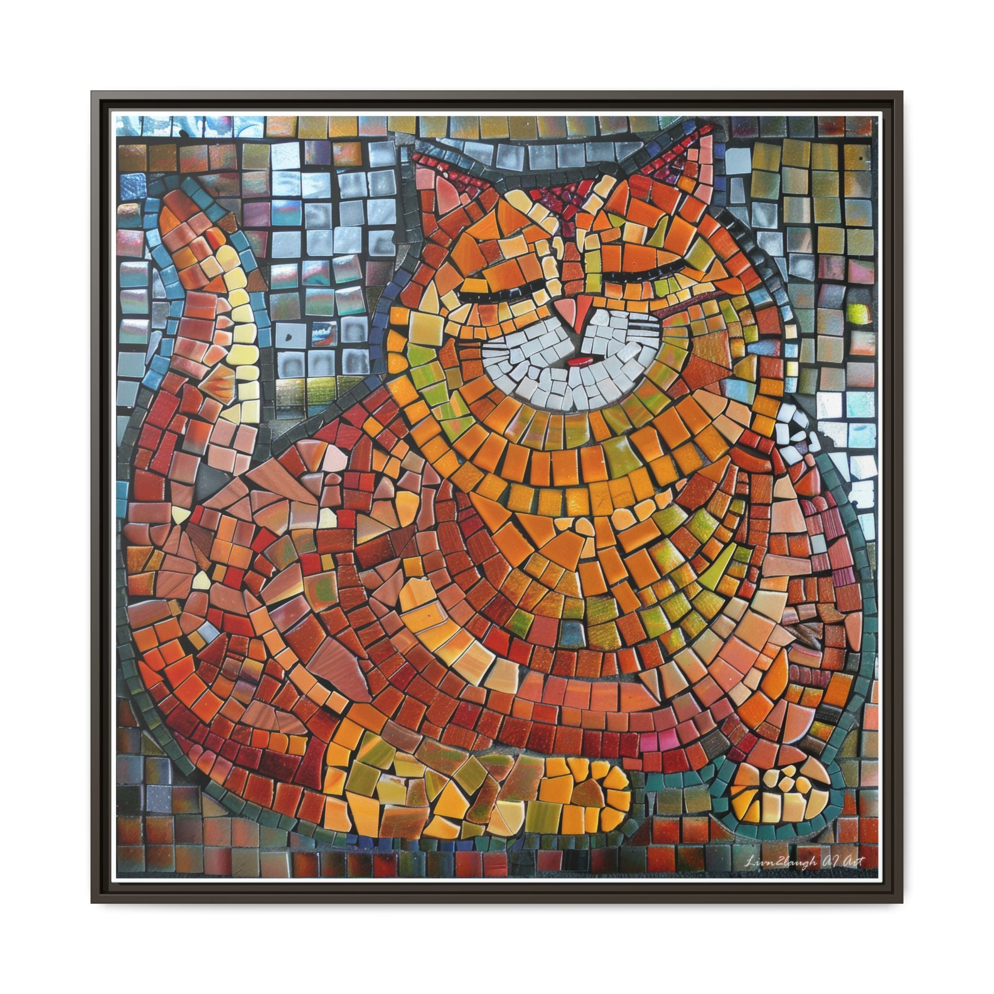 Radiant Whiskers: The Joyful Cat, Framed Mosaic Cat Art Print — Colorful Modern Wall Canvas