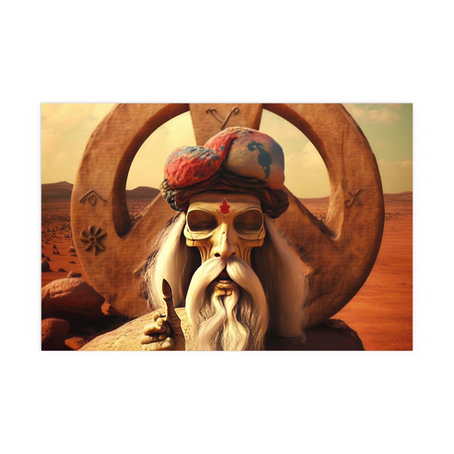 Wise Man In Dessert With Beard And Peace Sign Indoor and Outdoor Silk Posters