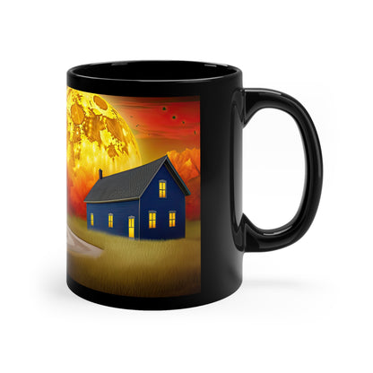 Fall Season Leads to Beautiful Colors Of the Sky, Trees Leaves, Moon And Pumpkins, Black Cat 11oz Black Mug