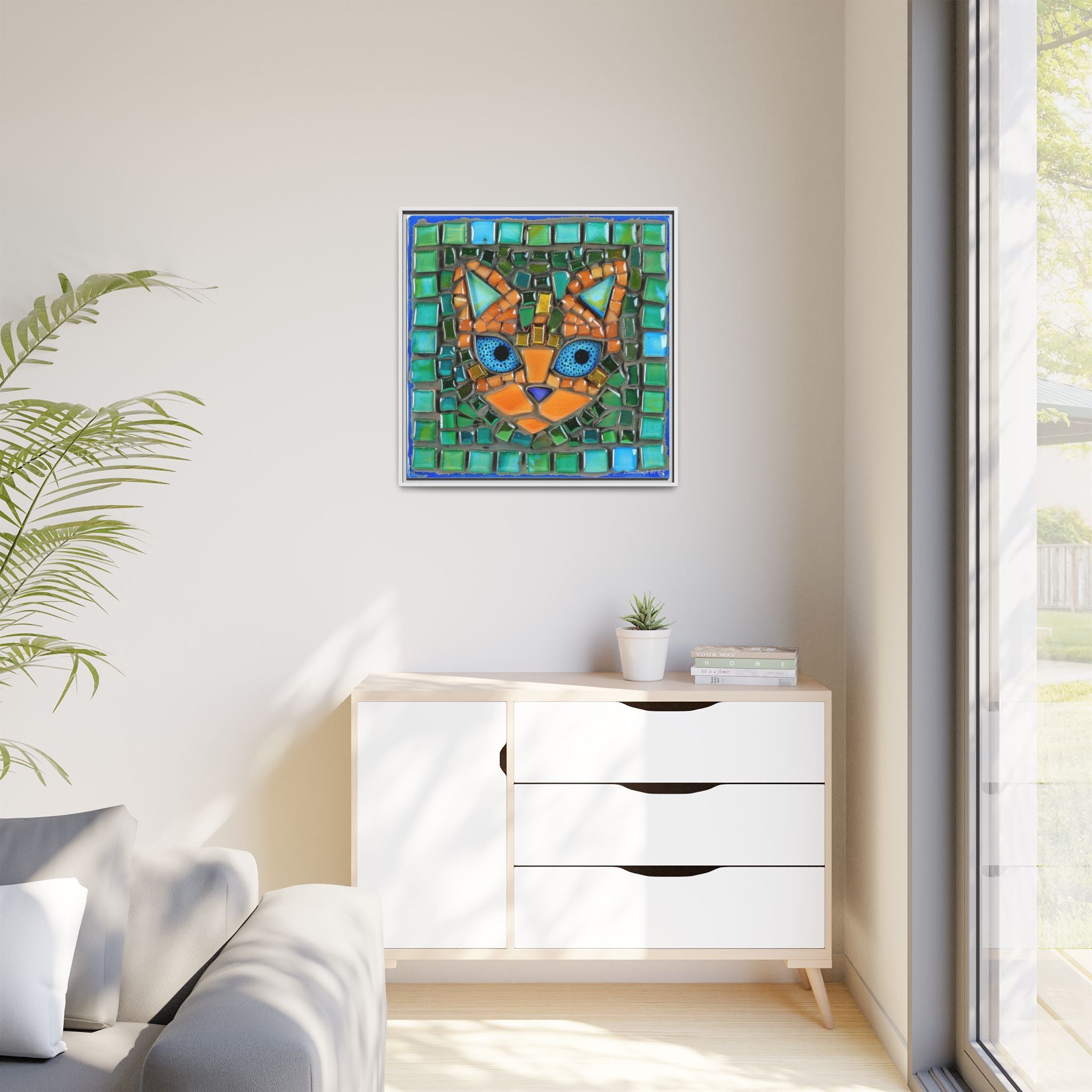 "Emerald Eyes Mosaic Cat", Framed Mosaic Cat Art Print — Colorful Modern Wall Canvas