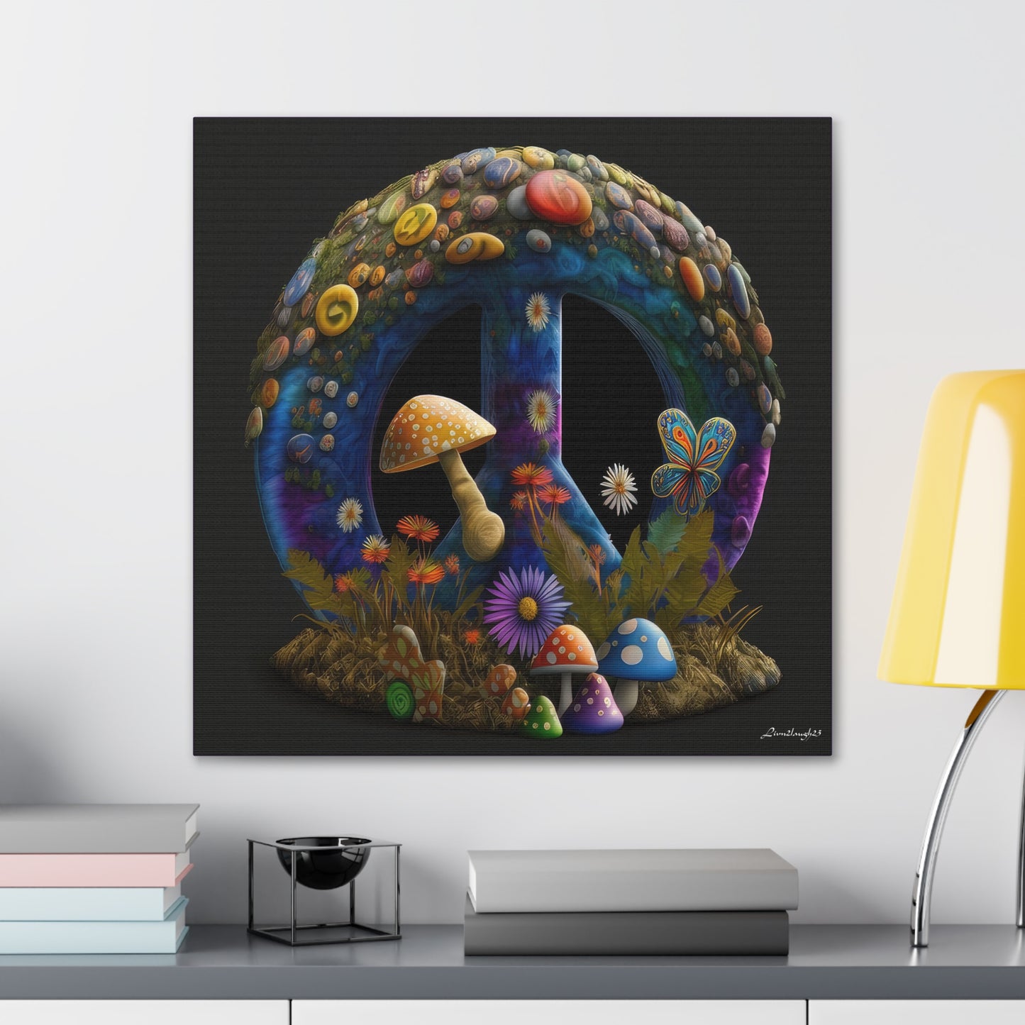 Beautiful Forest Round Peace Sign Mushrooms  Flowers And Butterfly 11 Canvas Gallery Wraps