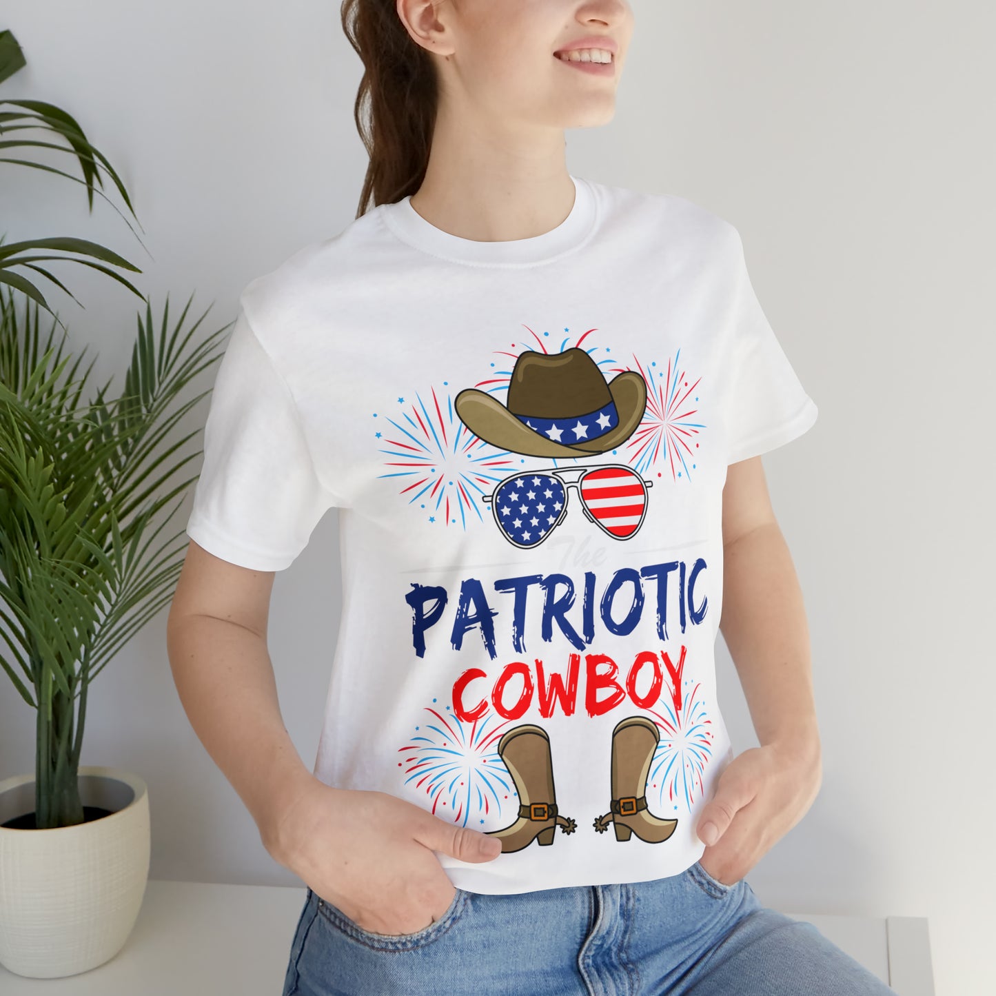 Patriotic Cowboy, American Flag 'Glasses, Cowboy Hat and Boots, Fourth of July 4th Unisex Jersey Short Sleeve Tee