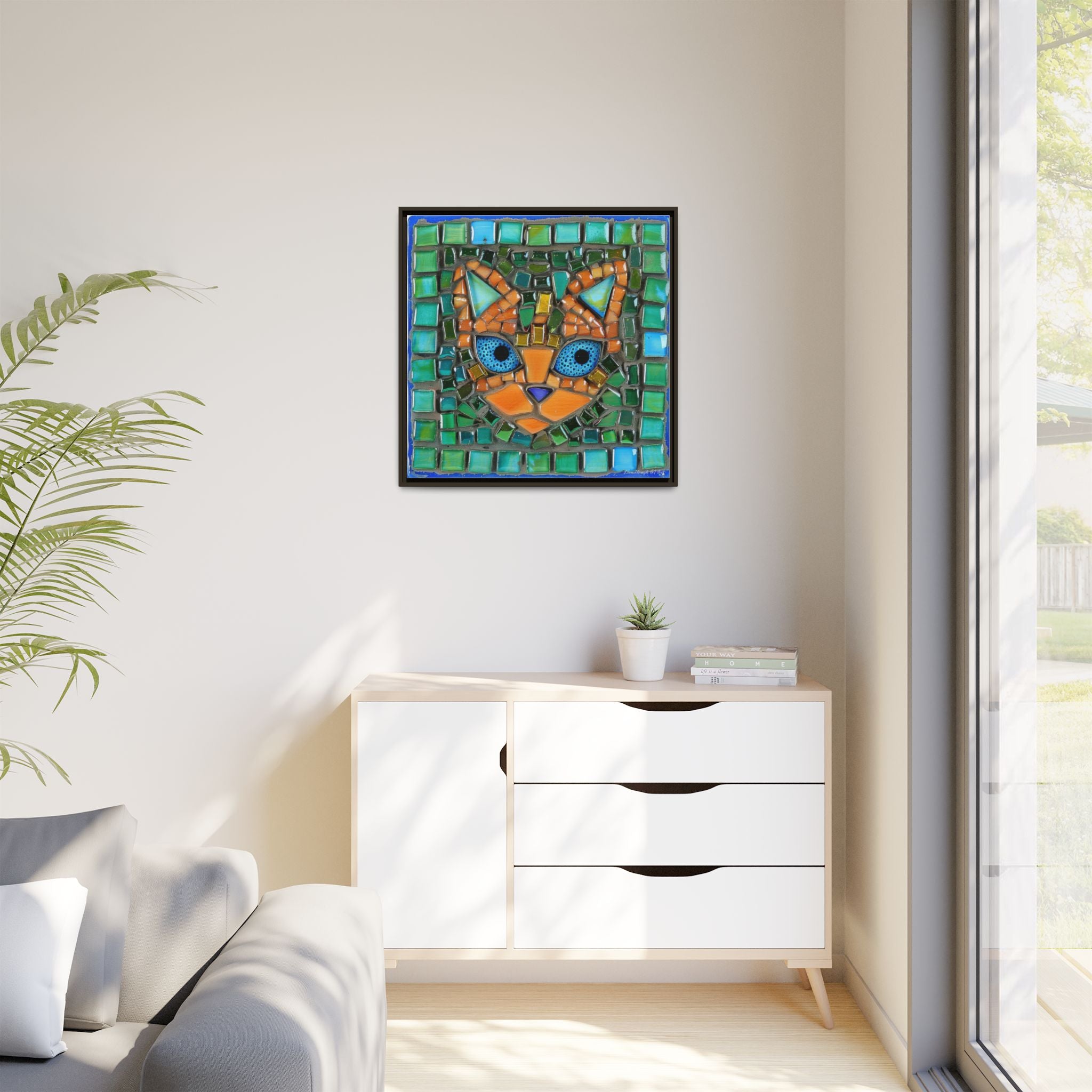 "Emerald Eyes Mosaic Cat", Framed Mosaic Cat Art Print — Colorful Modern Wall Canvas