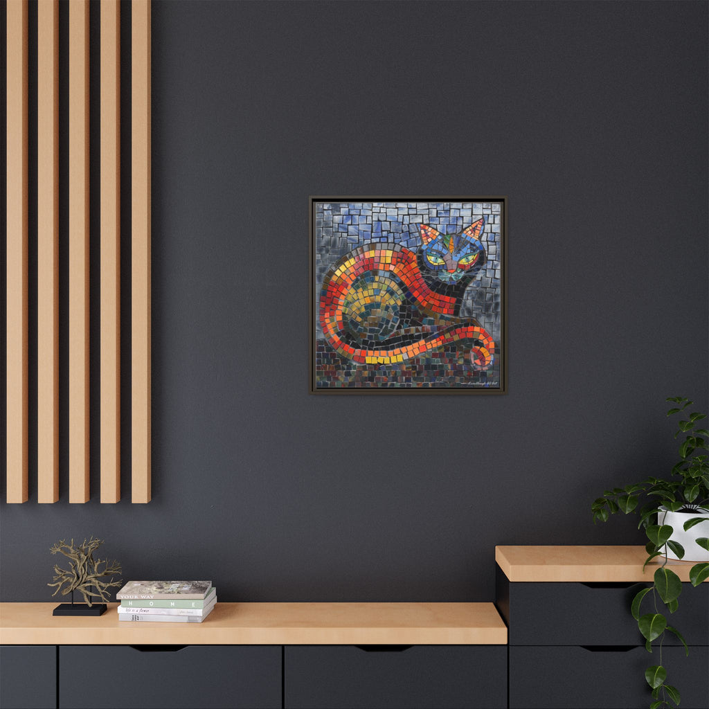 Mystic Shadows: The Enigmatic Cat, Framed Mosaic Cat Art Print — Colorful Modern Wall Canvas