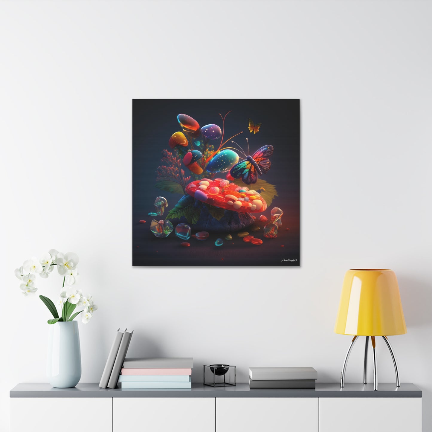 Beautiful Mushroom Luminating Colorful Bliss With Butterflies Canvas Gallery Wraps