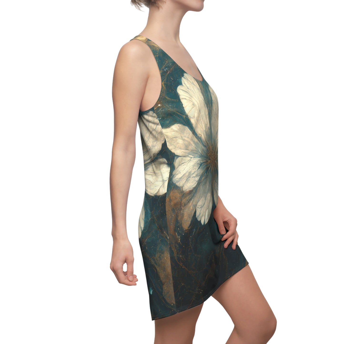 Bold And Beautiful White, Grey And Blue Floral Style 1 Women's Cut & Sew Racerback Dress (AOP)