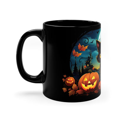 Sassy Black Halloween Cat Amazing Spooky Background With Scary Haunted Houses And Pumpkins 11oz Black Mug