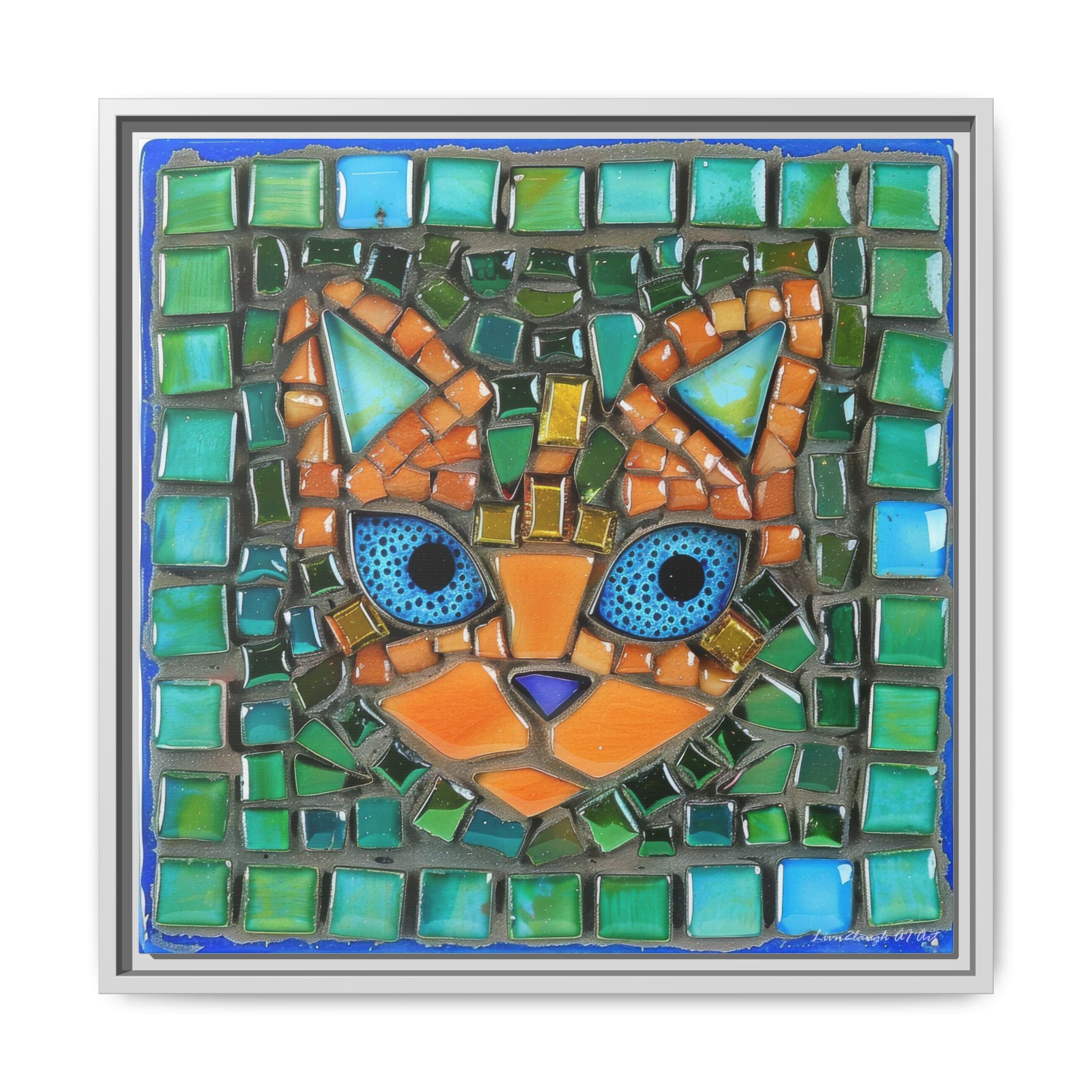 "Emerald Eyes Mosaic Cat", Framed Mosaic Cat Art Print — Colorful Modern Wall Canvas
