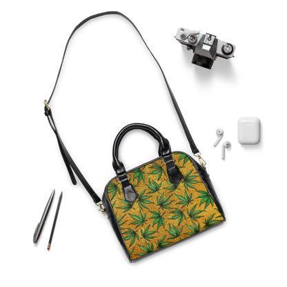 Gold And Green Marijuana Pot Weed Leaf With Gold Background 420 Shoulder Handbag