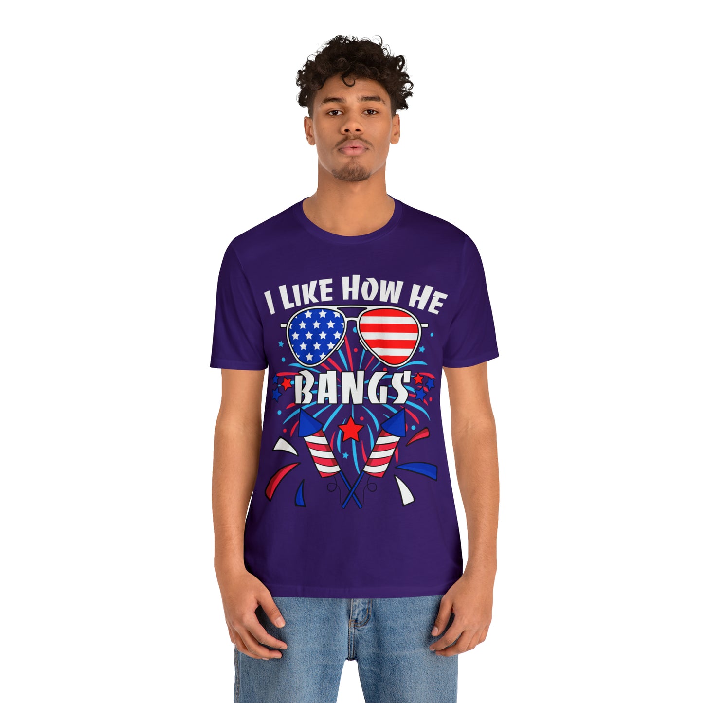 I Like How He Bangs American Flag, Fourth Of July 4th , American Flag Glasses Unisex Jersey Short Sleeve Tee