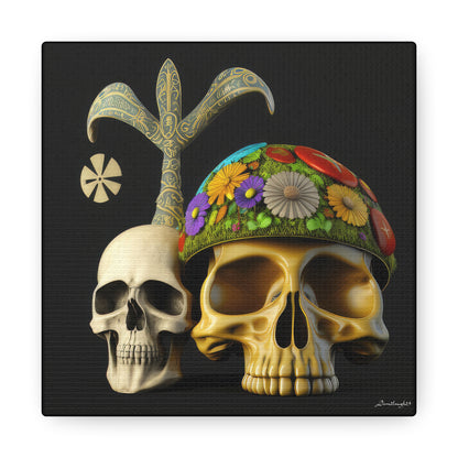 Double Skull With Yellow White Purple Flowers Canvas Gallery Wraps