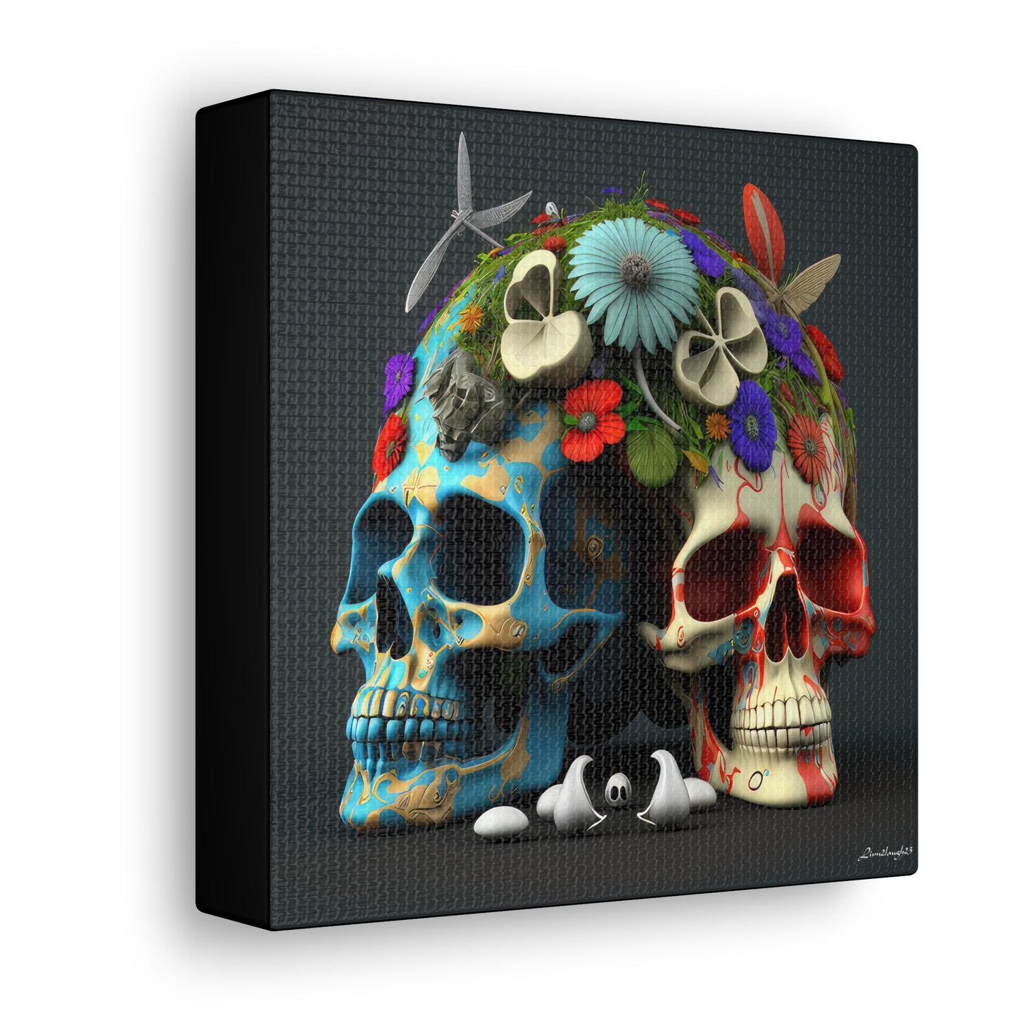 Double Skull With Blue Red  Flowers Canvas Gallery Wraps