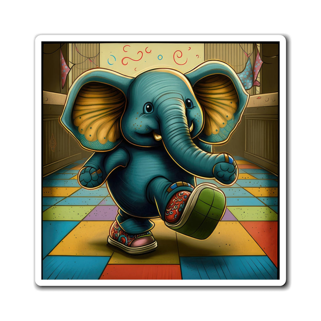 Cute Blue Elephant Kicking Foot On Colorful Checkered Floor Magnets