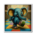 Cute Blue Elephant Kicking Foot On Colorful Checkered Floor Magnets