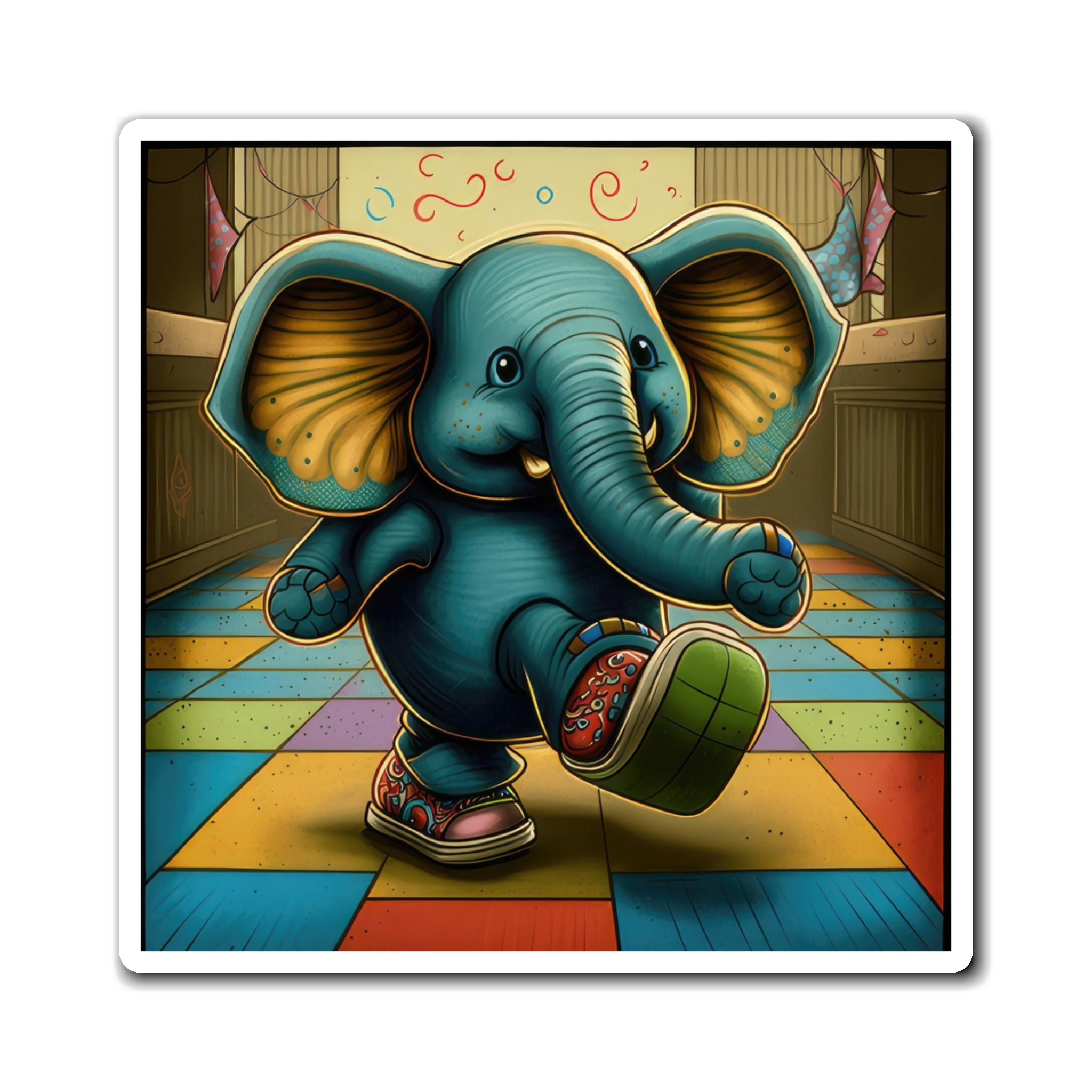 Cute Blue Elephant Kicking Foot On Colorful Checkered Floor Magnets