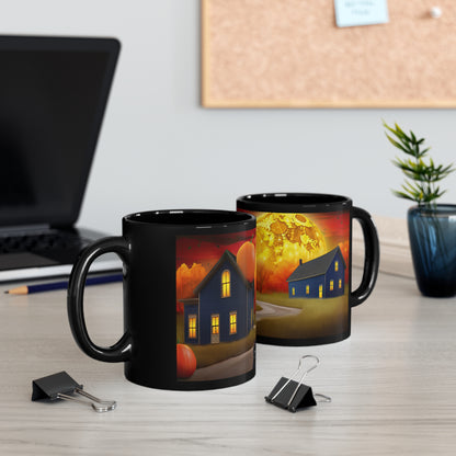 Fall Season Leads to Beautiful Colors Of the Sky, Trees Leaves, Moon And Pumpkins, Black Cat 11oz Black Mug