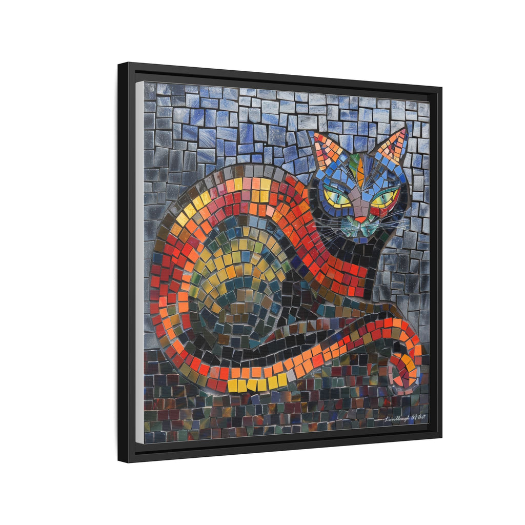 Mystic Shadows: The Enigmatic Cat, Framed Mosaic Cat Art Print — Colorful Modern Wall Canvas