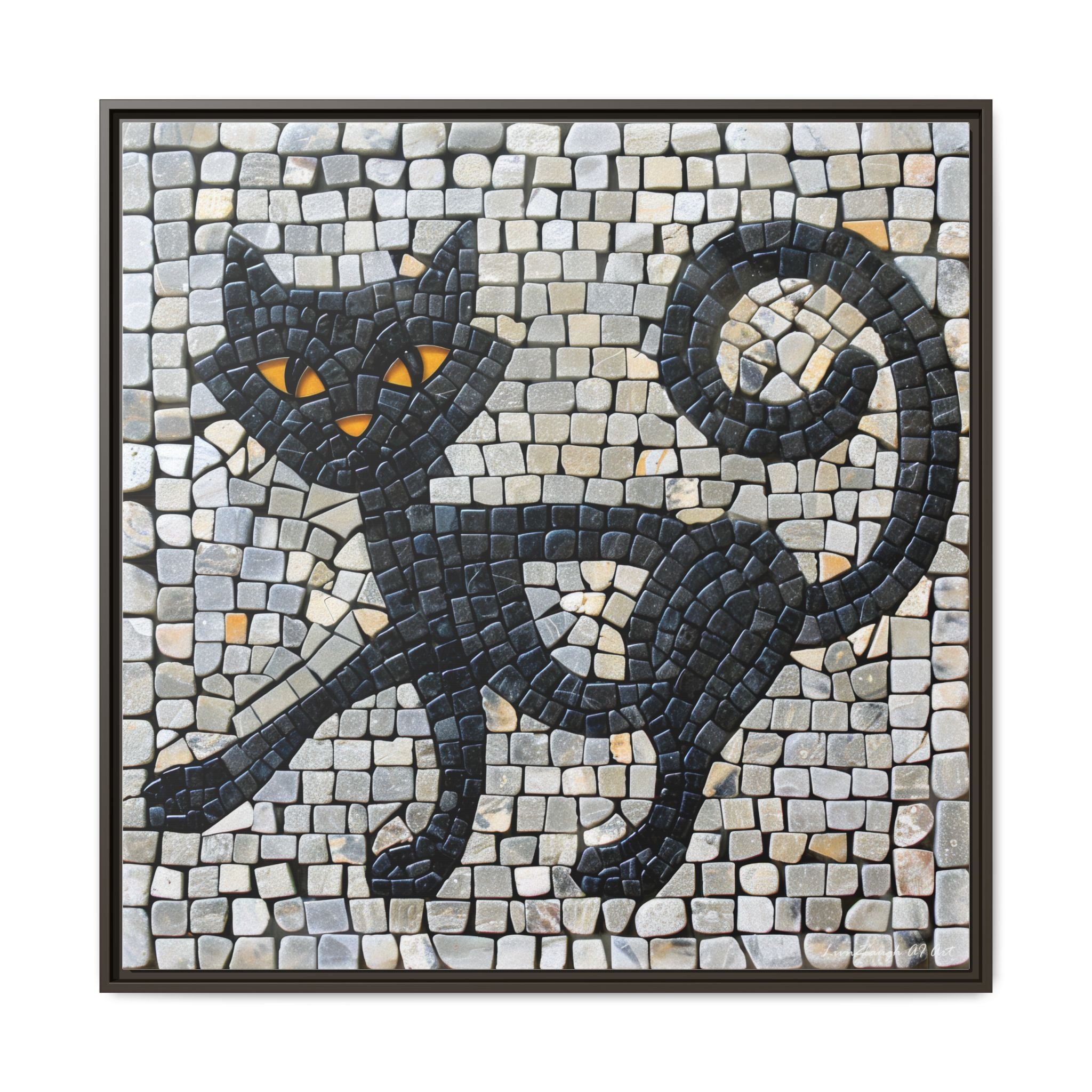 "Curious Black Cat Mosaic", Framed Mosaic Cat Art Print — Colorful Modern Wall Canvas