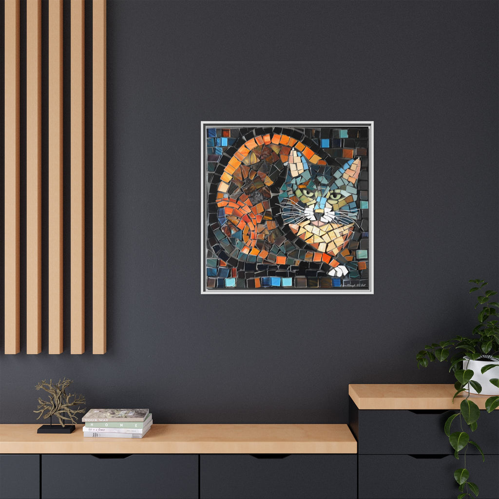 "Bold Mosaic Cat", Framed Mosaic Cat Art Print — Colorful Modern Wall Canvas