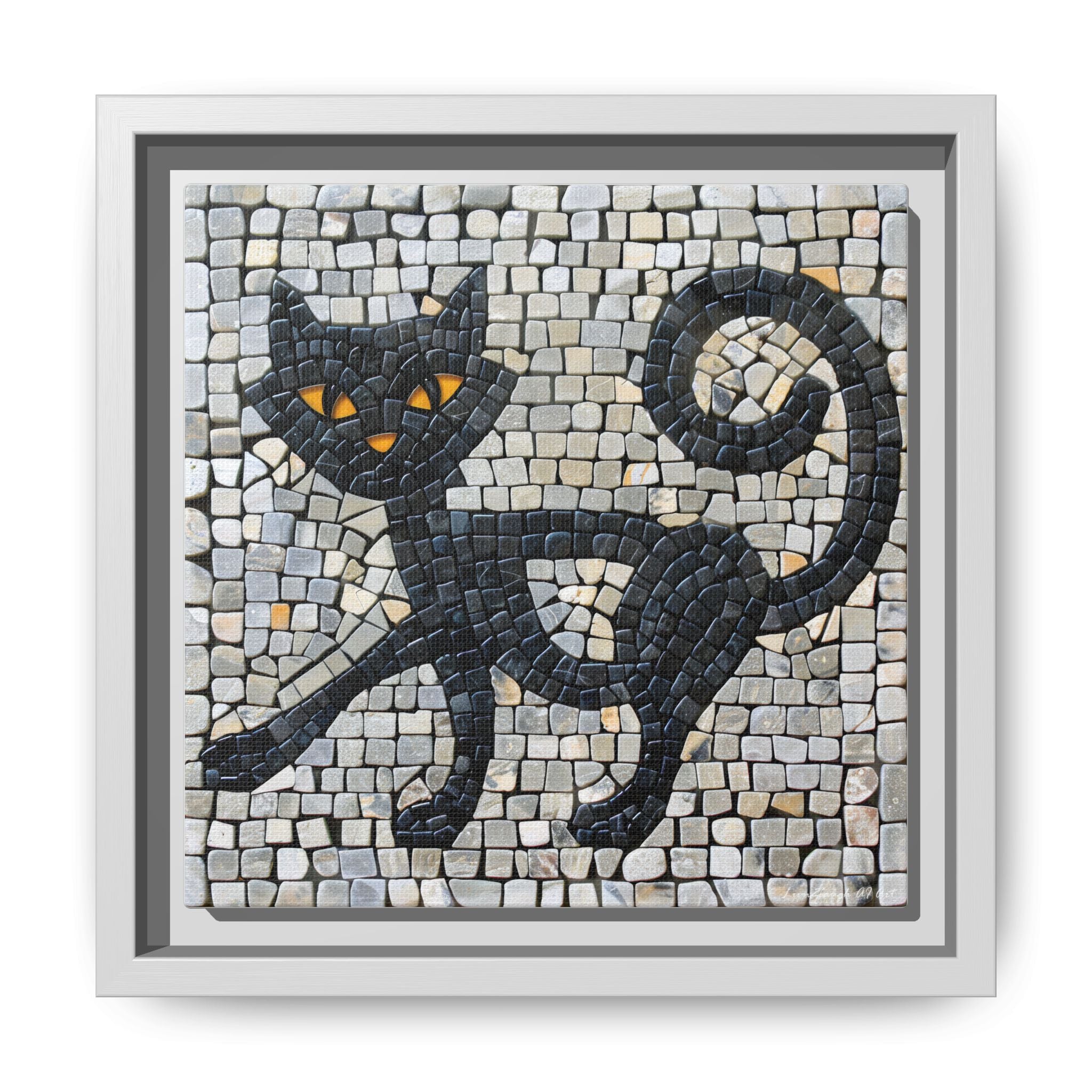 "Curious Black Cat Mosaic", Framed Mosaic Cat Art Print — Colorful Modern Wall Canvas