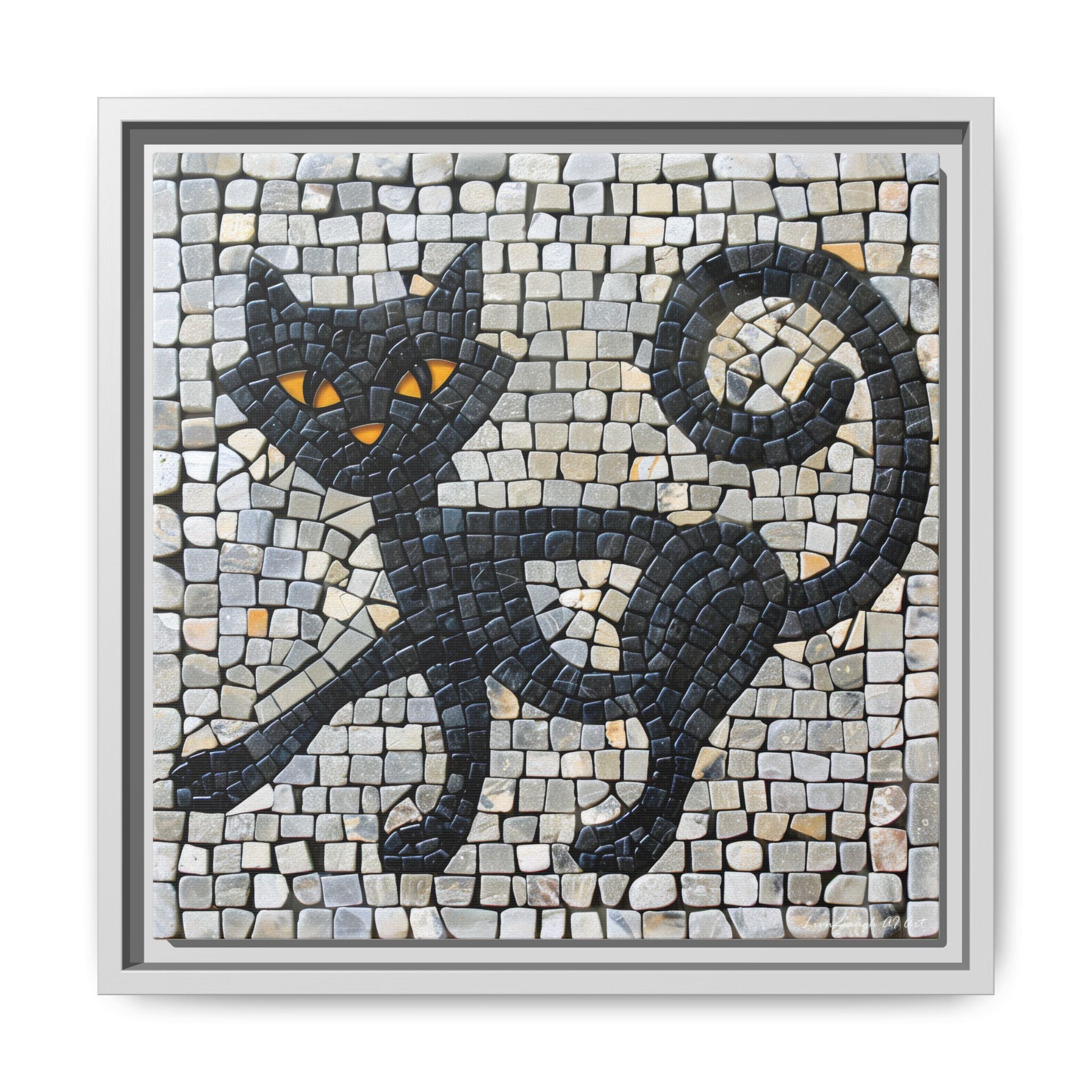 "Curious Black Cat Mosaic", Framed Mosaic Cat Art Print — Colorful Modern Wall Canvas