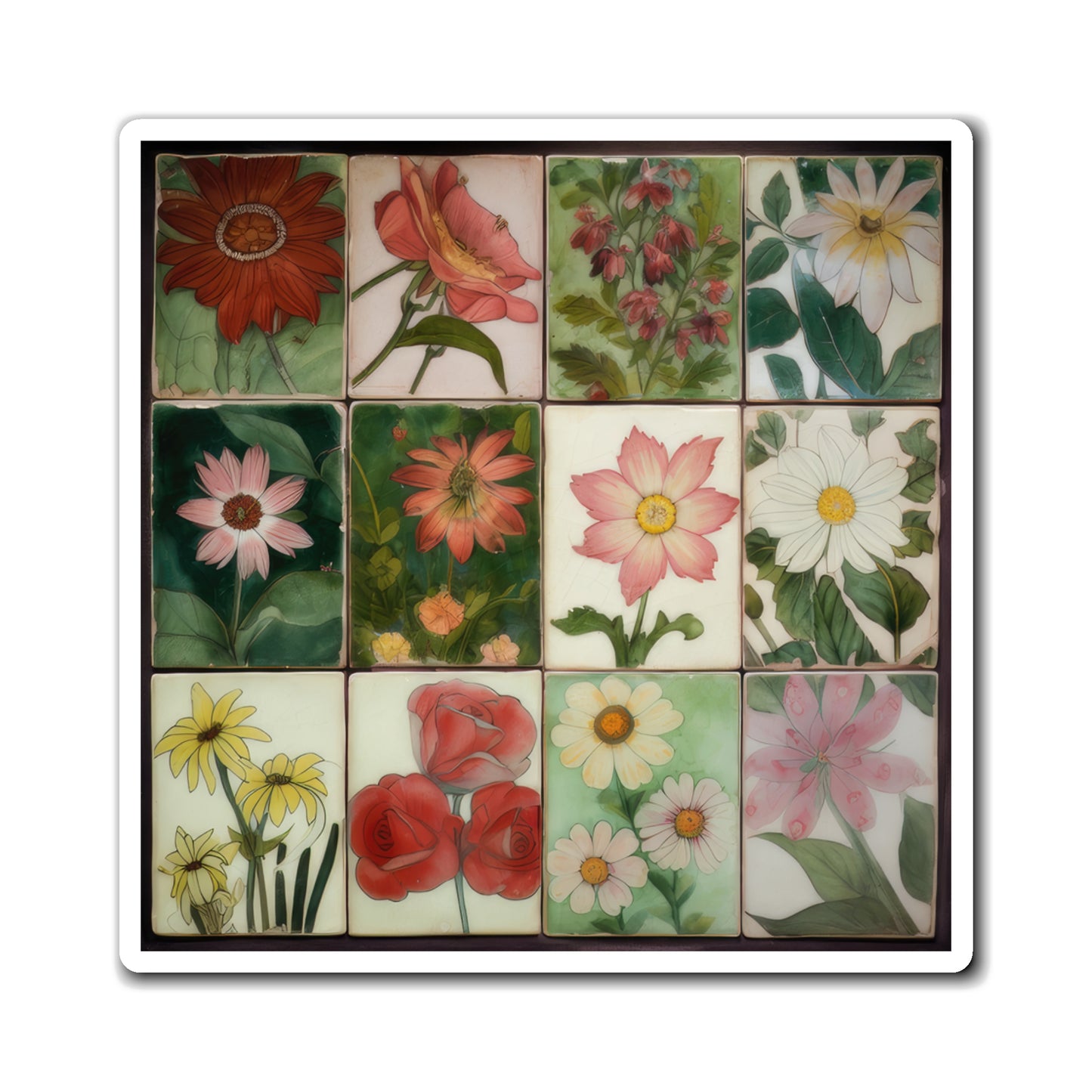 Antique Floral Multi Color Flowers Classic Designed Multi-Tiles Style One Magnets