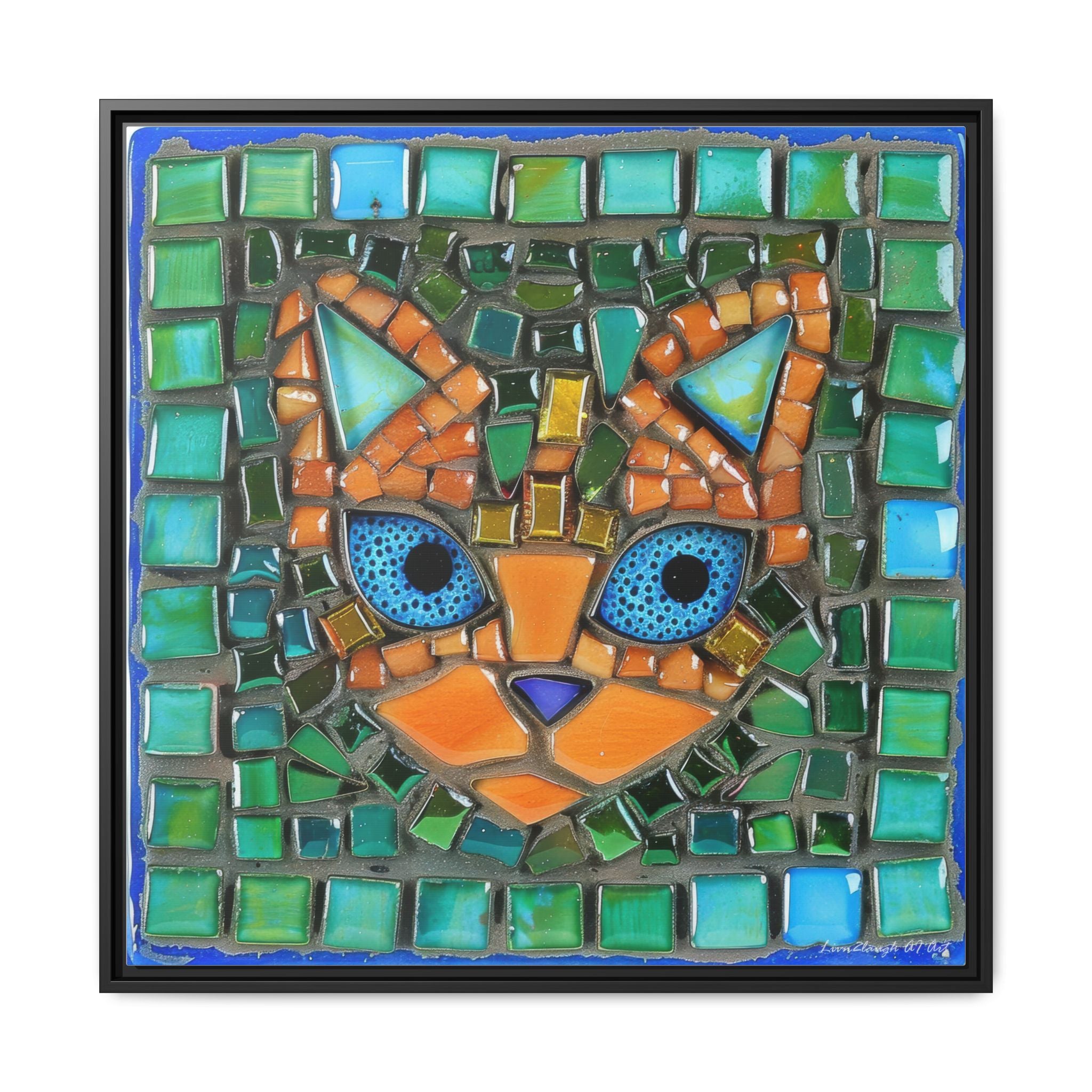 "Emerald Eyes Mosaic Cat", Framed Mosaic Cat Art Print — Colorful Modern Wall Canvas