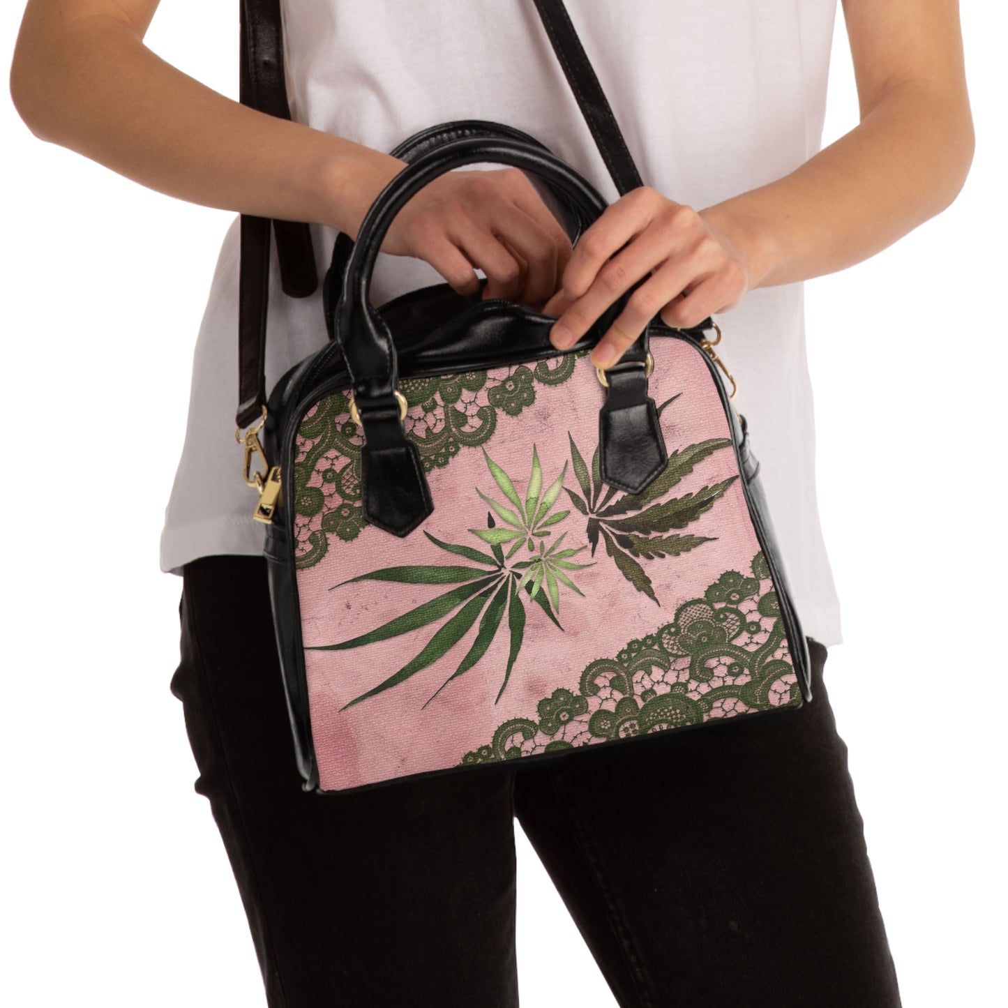 Grey Lace Gorgeous Pink Designed Marijuana 420 Weed Shoulder Handbag