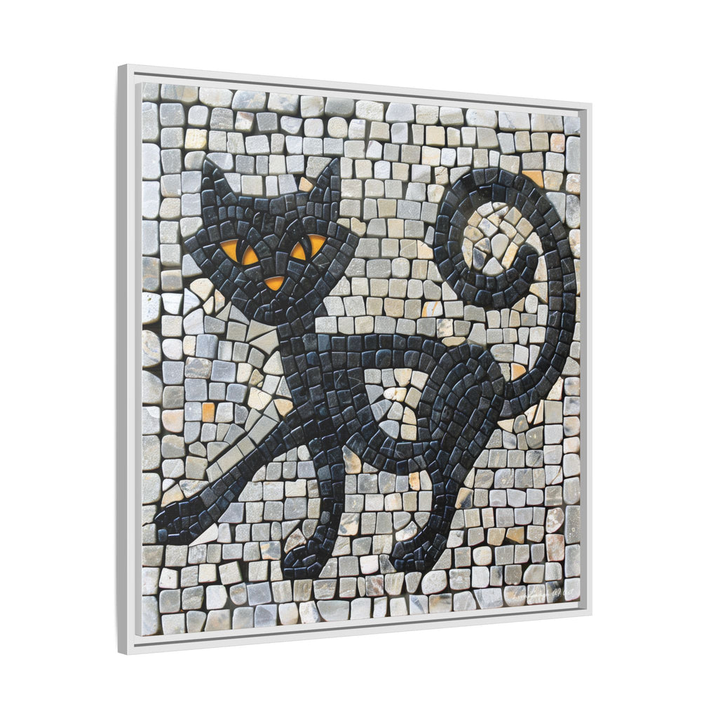 "Curious Black Cat Mosaic", Framed Mosaic Cat Art Print — Colorful Modern Wall Canvas