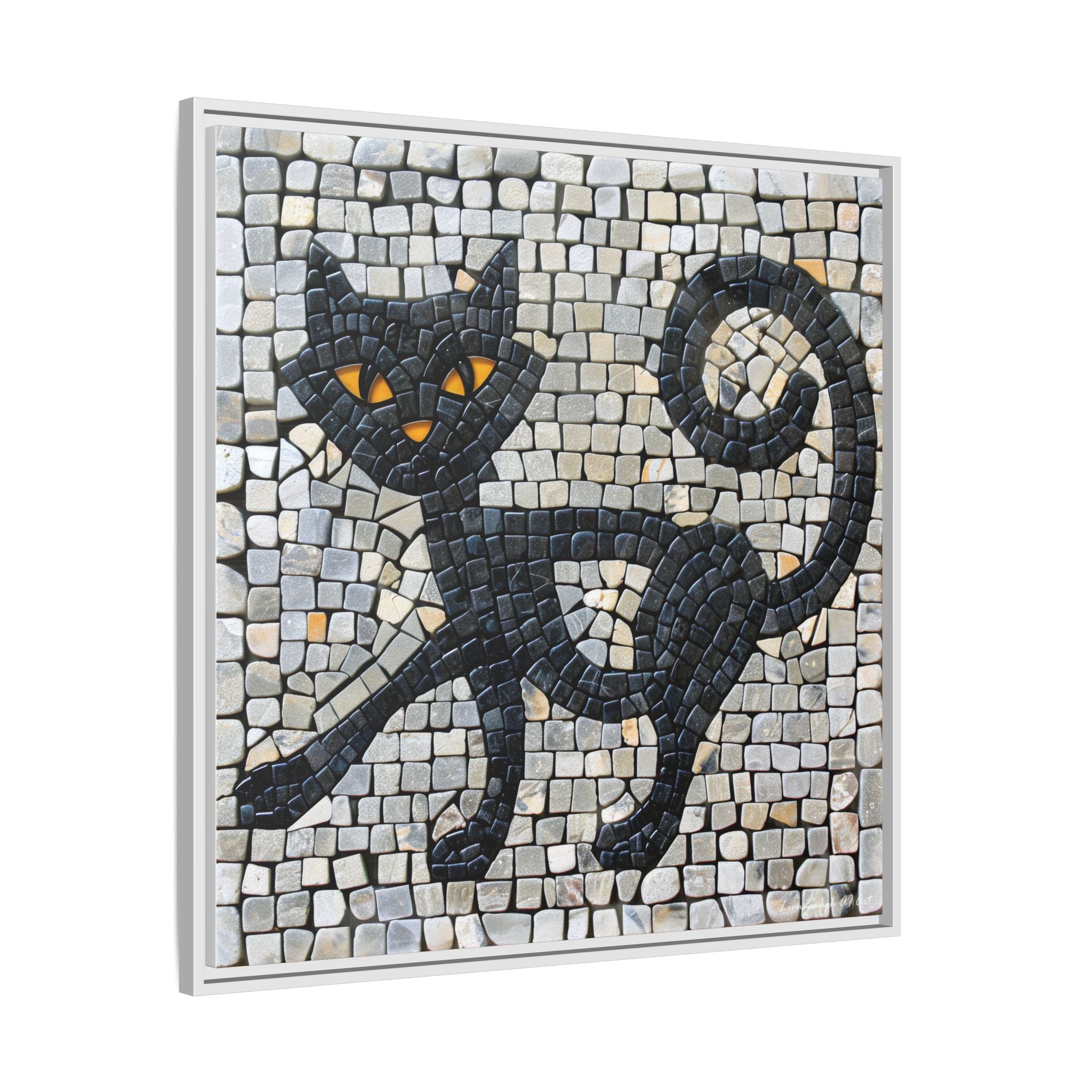 "Curious Black Cat Mosaic", Framed Mosaic Cat Art Print — Colorful Modern Wall Canvas