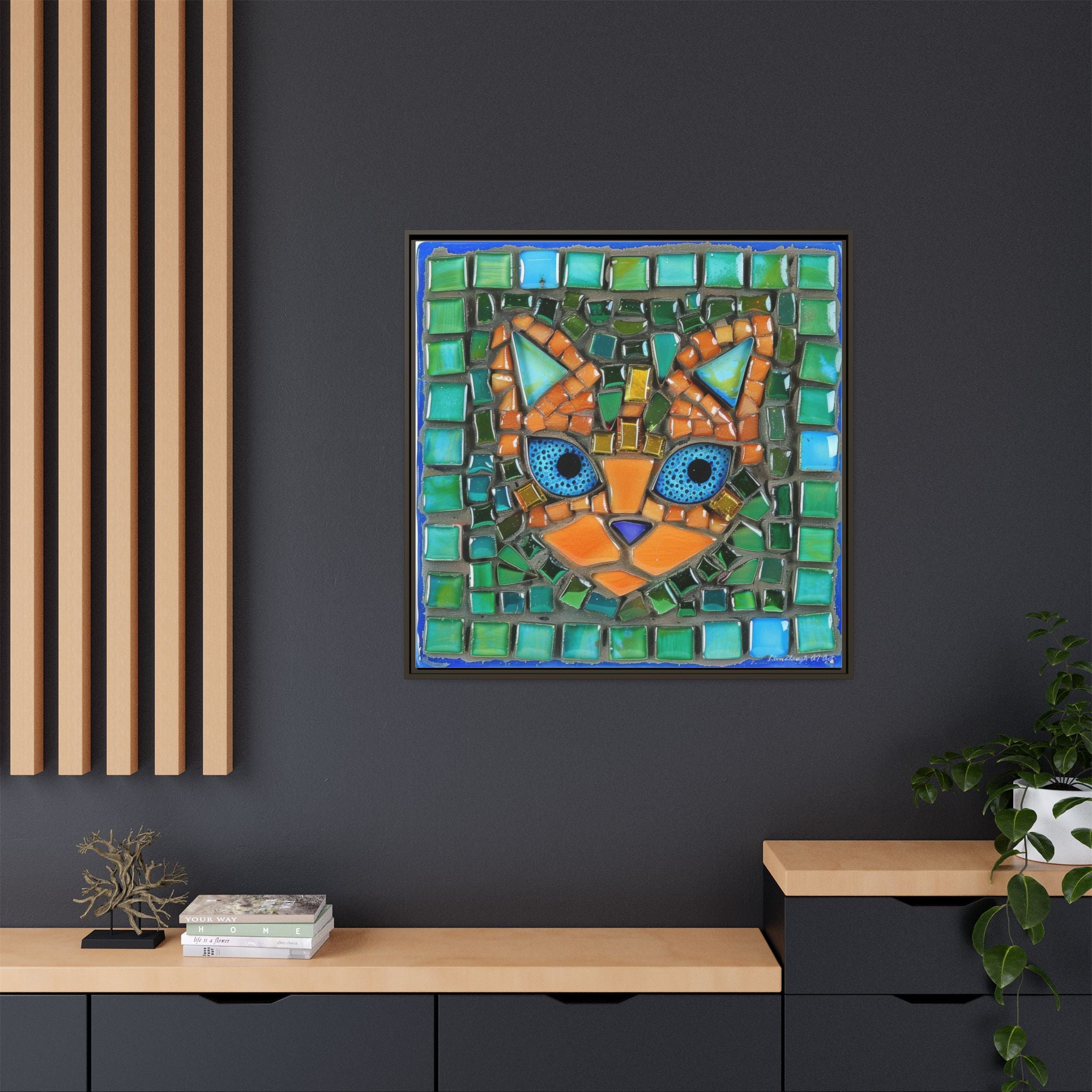 "Emerald Eyes Mosaic Cat", Framed Mosaic Cat Art Print — Colorful Modern Wall Canvas