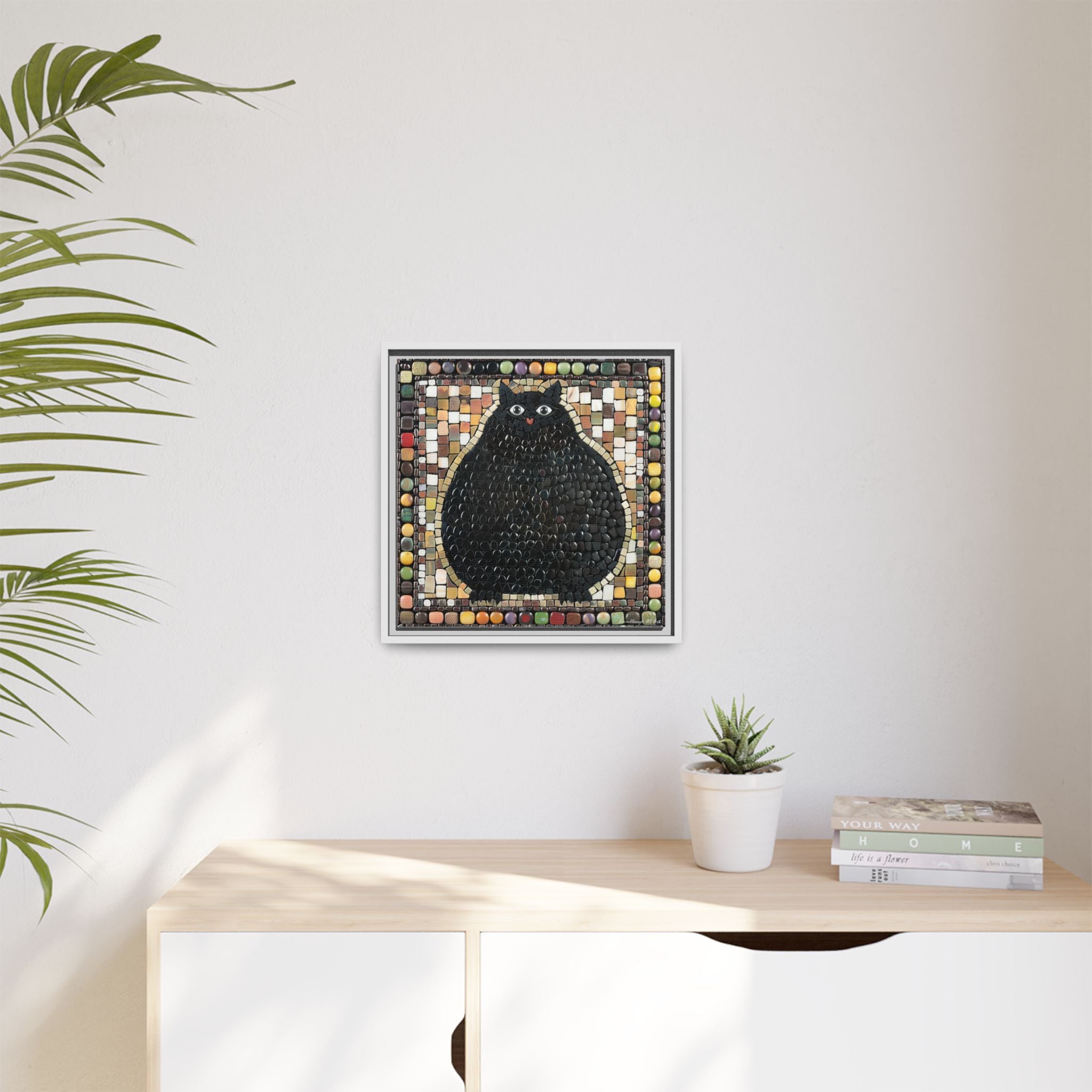 "Playful Black Cat Mosaic", Framed Mosaic Cat Art Print — Colorful Modern Wall Canvas