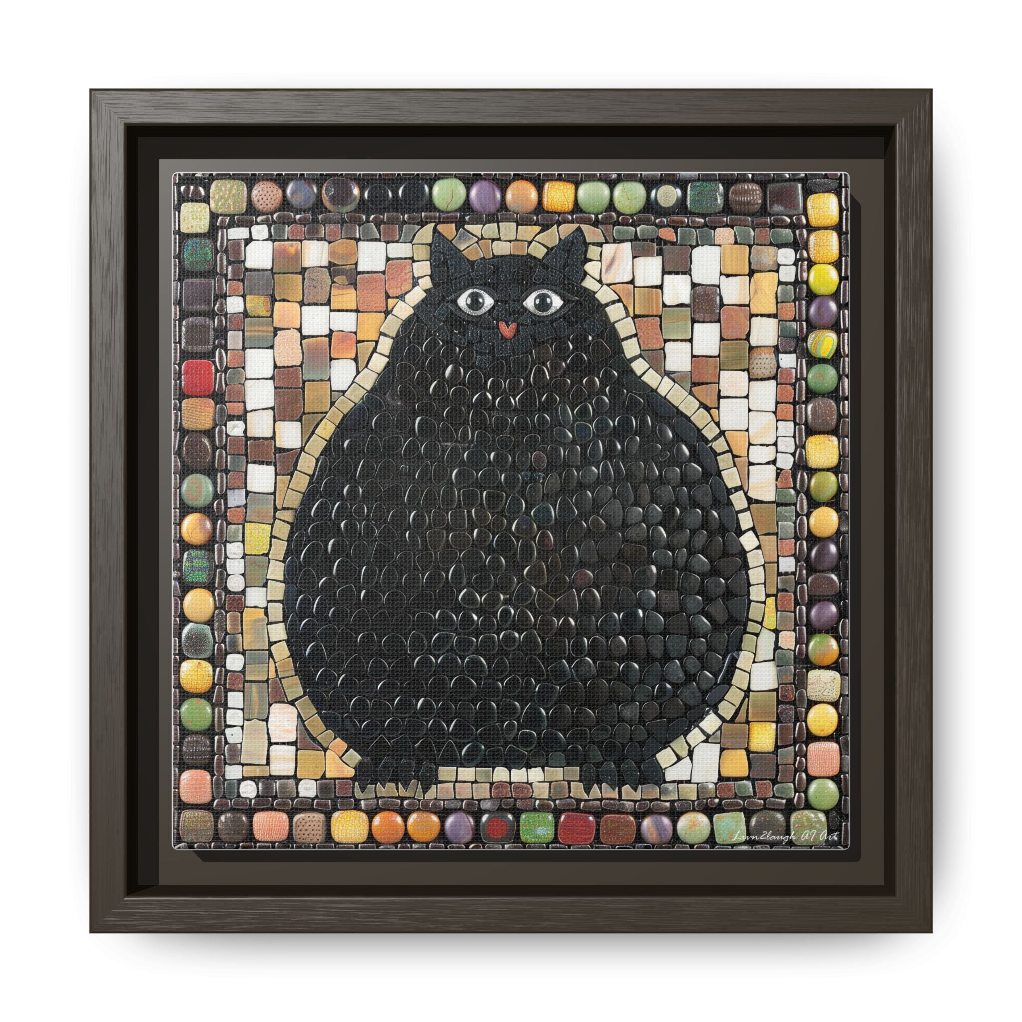 "Playful Black Cat Mosaic", Framed Mosaic Cat Art Print — Colorful Modern Wall Canvas