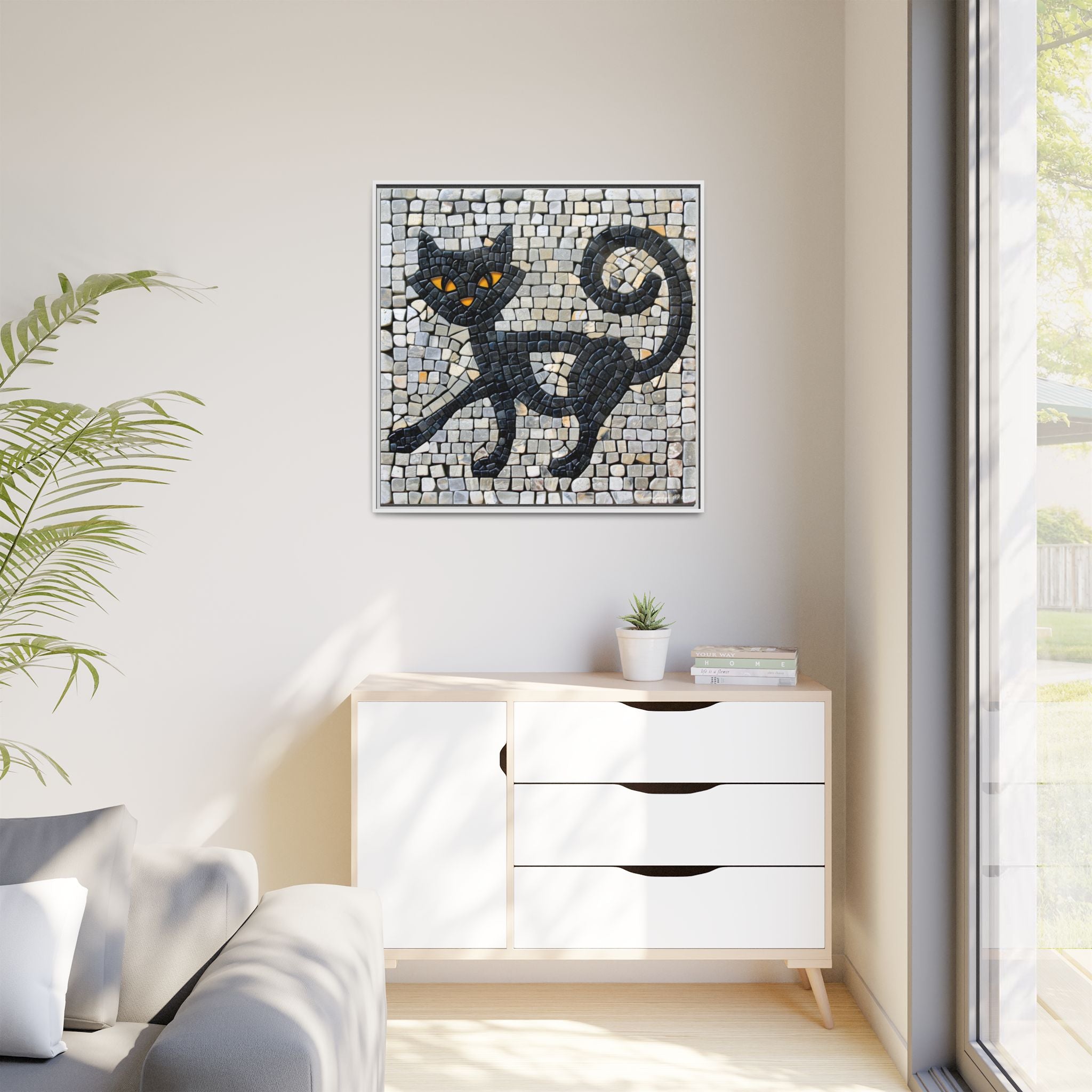 "Curious Black Cat Mosaic", Framed Mosaic Cat Art Print — Colorful Modern Wall Canvas