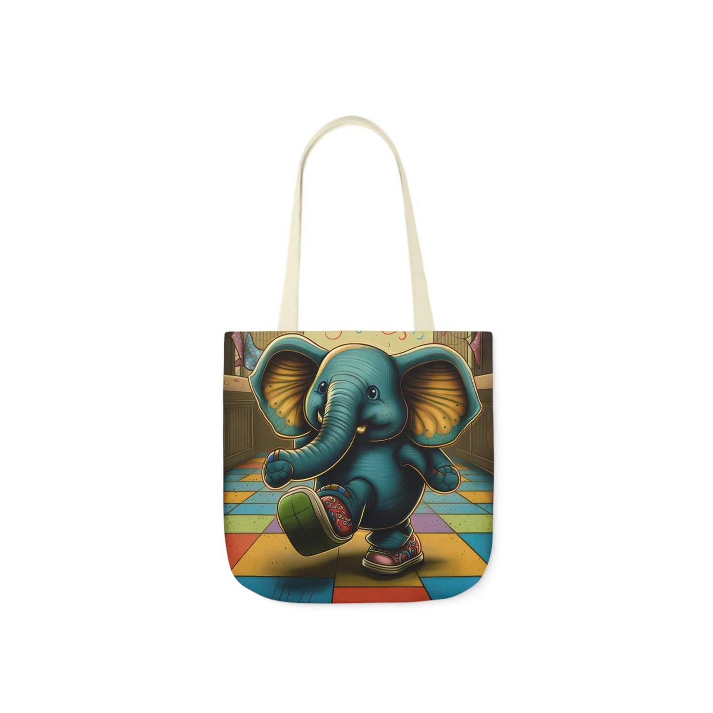 Elephant Kicking Leg On Colored Square Floor Polyester Canvas Tote Bag (AOP)