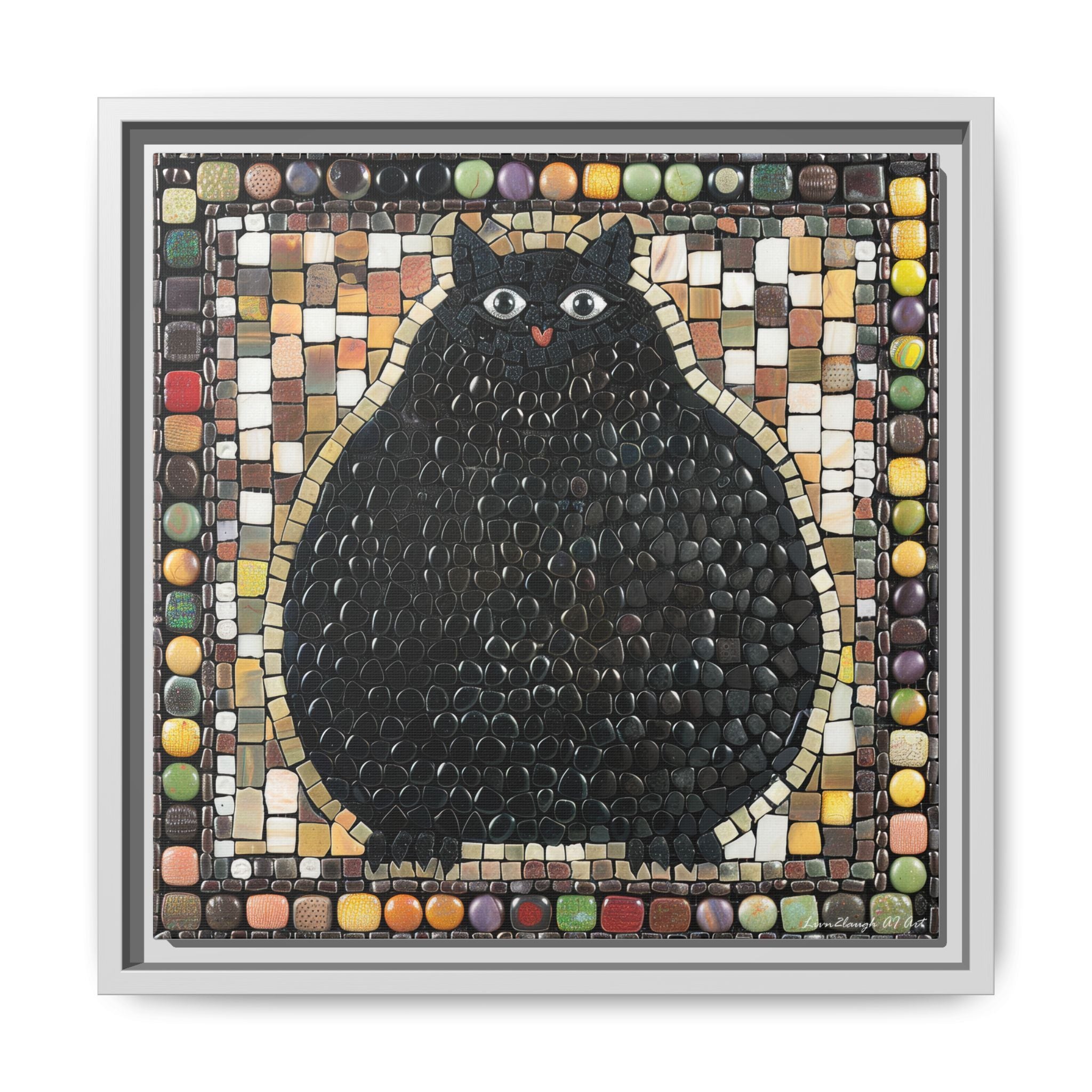"Playful Black Cat Mosaic", Framed Mosaic Cat Art Print — Colorful Modern Wall Canvas